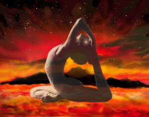 Inspiring image of a woman in royal pigeon pose with a fiery field of sky and clouds. Yoga art by Will Doran. 